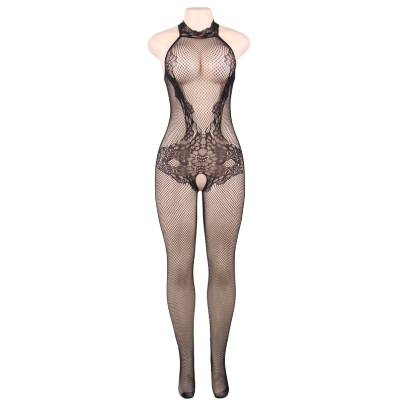 QUEEN LINGERIE - BODYSTOCKING COM ABERTURA E RENDA FLORAL S/L