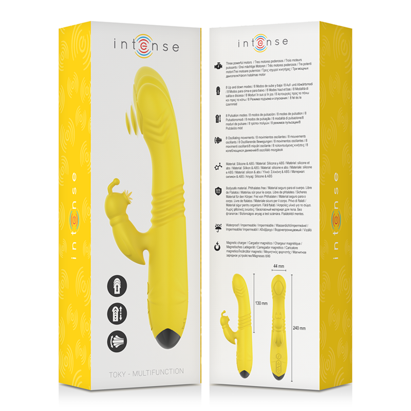 INTENSE - VIBRADOR MULTIFUNO TOKY PARA CIMA E PARA BAIXO COM ESTIMULADOR CLITÓRICO AMARELO