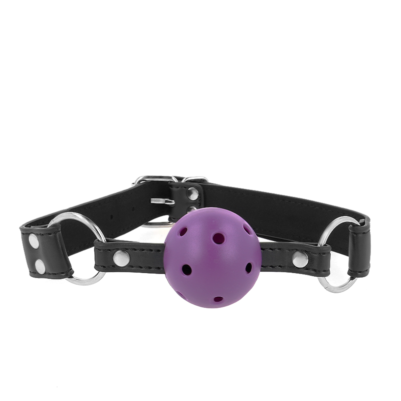 KINK - BOLA RESPIRÁVEL 4 CM MORDAÇA COM REBITE DUPLO ROXO 62,5 x 2,5 CM AJUSTÁVEL 42-58 CM